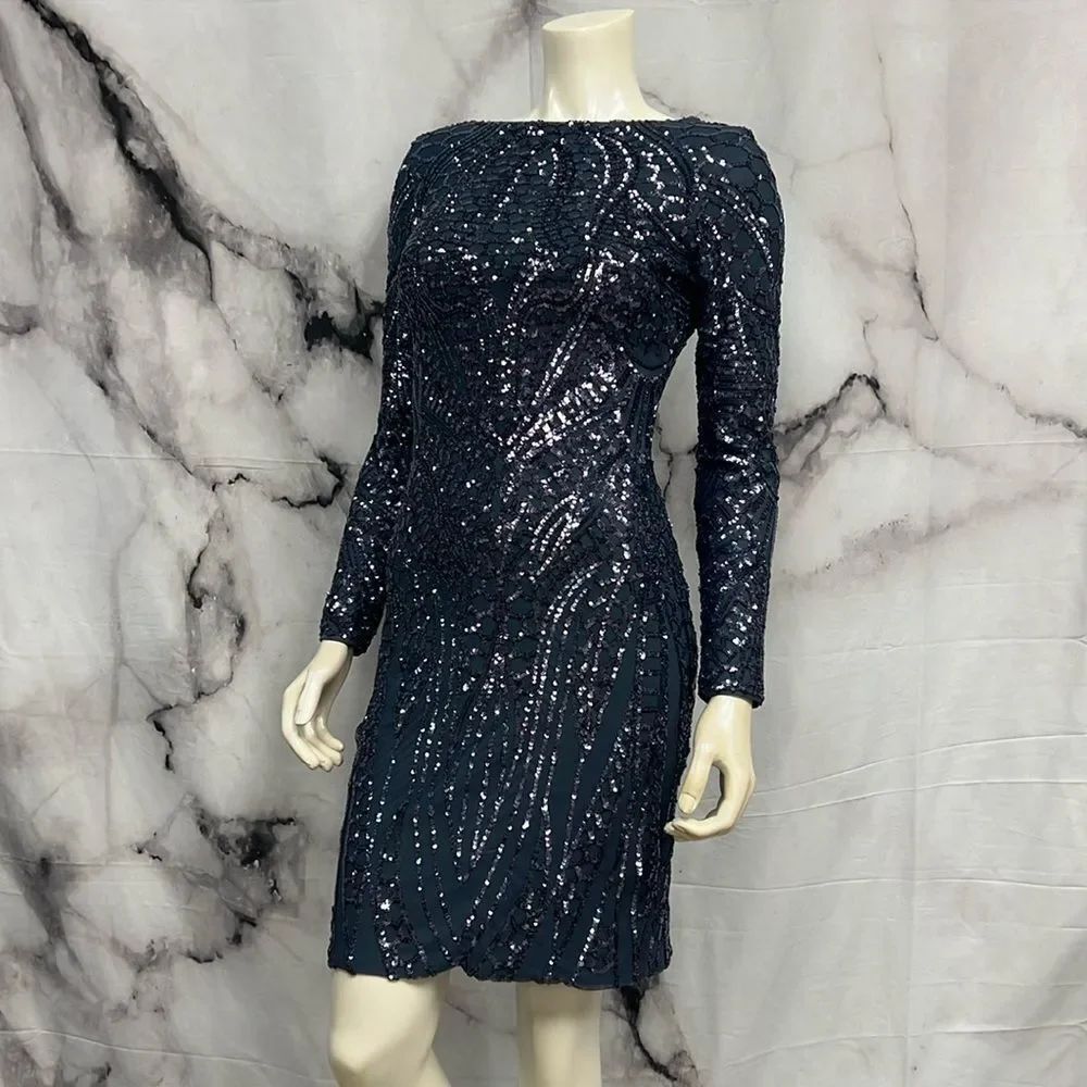 * Morgan & Co formal navy sequined long sleeve mid length dress